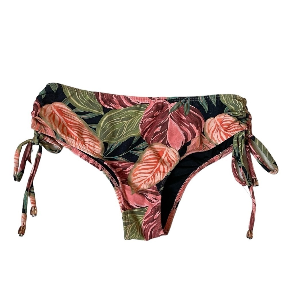 LIQUIDO Bikini Bottoms Tropical Print Side Ruching Ties Black Pink Green S